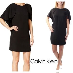 CALVIN KLEIN Women's Black Cap-Sleeve Shift Dress Cascading Sleeves - Size 6